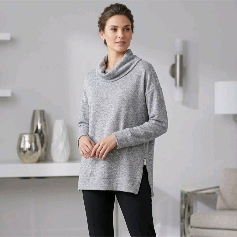 Jones New York Medium Metallic Silver Grey Cowl Neck Tunic Side Zippers Sparkle